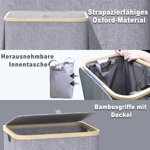 Wäschekorb mit Deckel 100L, Wäschesammler Groß schmal mit herausnehmbaren Wäschesack Laundry Baskets Wäscheschrank Wäschetruhe Wäschetonne für Schmutzwäsche Grau
