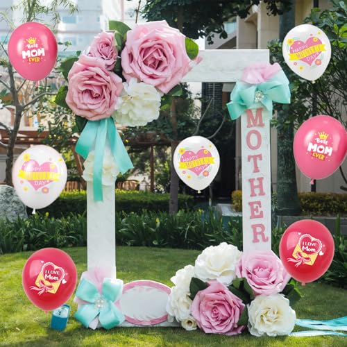 Image of Mother's Day Balloons, 12 Inch Red Light Pink White Love You Mom Balloons with Heart Pattern for Women Mother's Day Party Mom Birthday Decorations