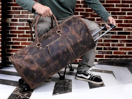 Weekender Leather Duffel Bag for Men Overnight Vintage Travel Duffle with Shoulder Strap Carry On Sports Gym 24 Inch Leather Luggage Carryall Cool Gifts for Him by Cureo2
