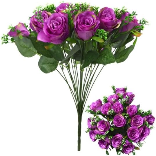 Beautiful 44cm 18-Head Artificial Rose and Gyp Bouquet - Perfect for Graves, Weddings, or Christmas - Fake Flowers, Plastic Roses & Silk Roses (Purple, 1 Bunch)