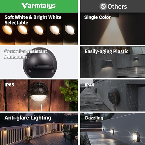 Image of Low Voltage Landscape Deck Lights - 12V LED Outdoor Step Lights, Adjustable Warm White & Cool White, Waterproof Black Round Aluminum Lighting for Yard Wall Fence Railing 4 Pack