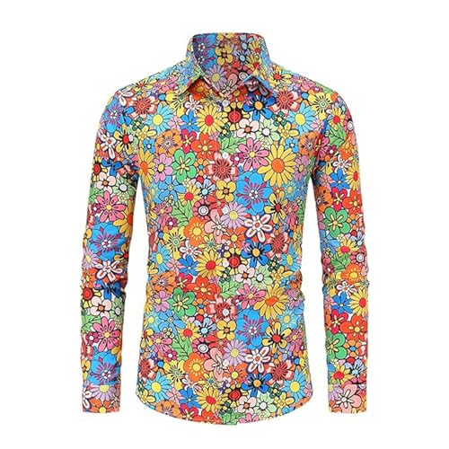 RUMAOZIA Buntes Hemd Herren Langarm Hippies 70er Floral Hemd Regenbogen Retro Blumen Hawaii Hemd Männer Freizeithemd Funky Hawaiihemd Party Street Hemden Paisley Floral Vintage Hemden Hawaiihemd