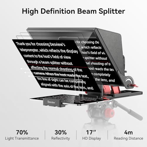 Image of Desview P17 Portable Teleprompter for Camera Video Recording, Foldable Auto-Scrolling Prompter with Wireless Remote Sunshade & Tripod Mount Compatible with iPhone Android Tablet