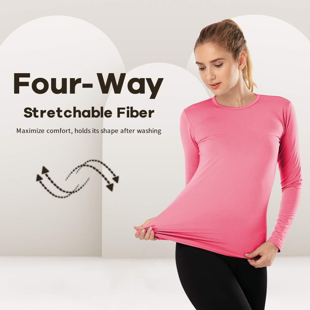 MANCYFIT Womens Thermal Tops Fleece Lined Shirt Long Sleeve Base Layer Large Crew Neck-light Pink