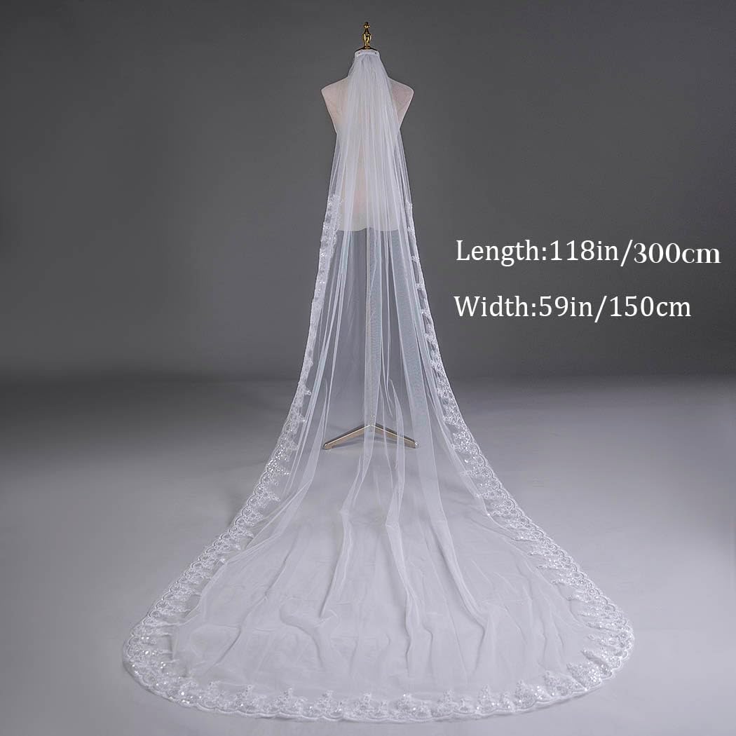 Yalice Lace Cathedral Bridal Wedding Veil 118'' Long Veils for Brides 1 Tier/1T Glitter Sequins Edge Veil with Comb