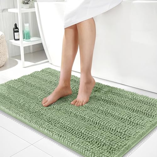 Image of OLANLY Thick Large Bathroom Rugs 40x24, Extra Soft Absorbent Chenille Striped Bath Rugs, Rubber Backing, Machine Wash, Bath Mats for Bathroom Floor, Tub and Shower, Home Decor Accessories, Sage Green