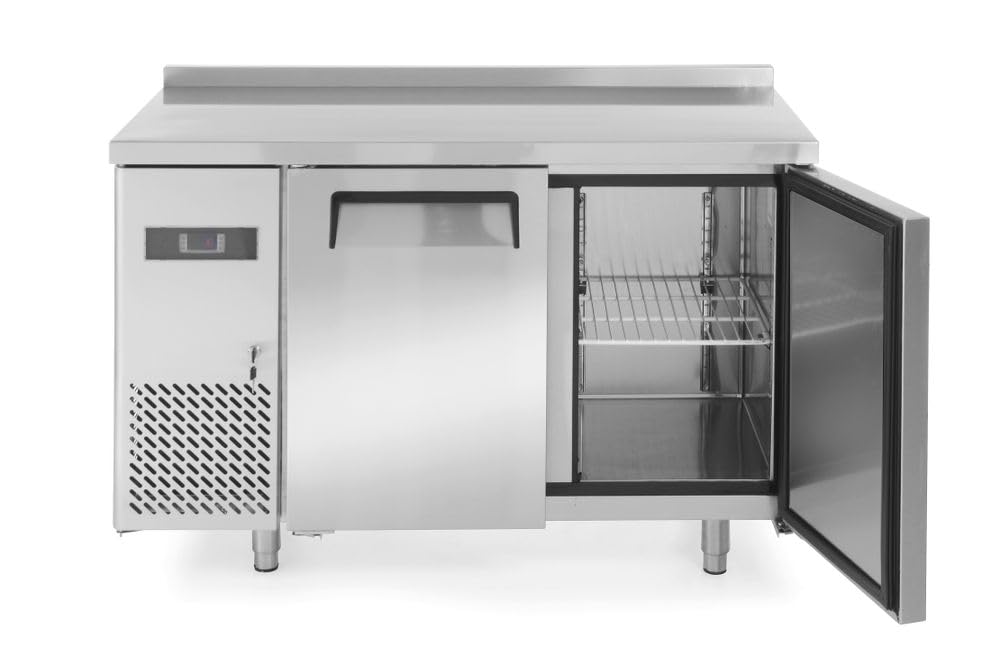 HENDI Mesa refrigerada Arktic de 2 puertas con 2 estantes ajustables, -2/8°C, 220 L, descongelación automática, pantalla digital, 230V/270W, 1200x600x(H) 800 mm, acero inoxidable