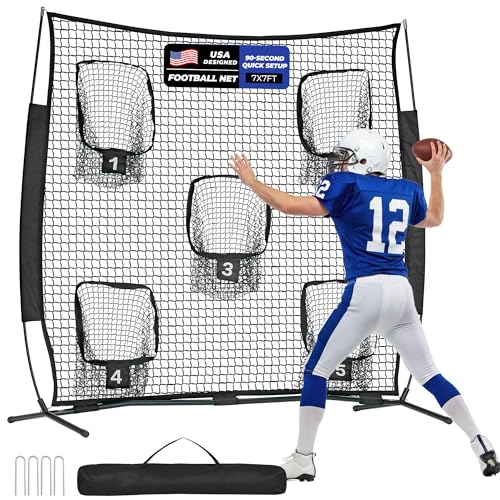 Football Throwing Net, 7x7ft Football Nets for Throwing with 5 Target Pockets, Football Throwing Target for Quarterback, Football Training Equipment with Portable Carry Bag