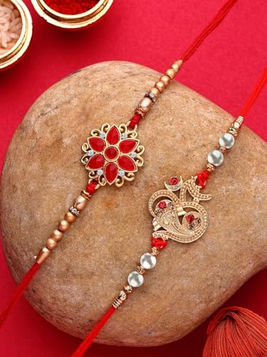 Image of Sukkhi Rakhi Beautiful Floral Design Purple Meenakari Work with AD Stones & Pearls Combo Rakhi for Brother with Roli Chawal & Greeting Card|Quirky Rakshabandhan Rakhi for Bhaiya|Set of 2