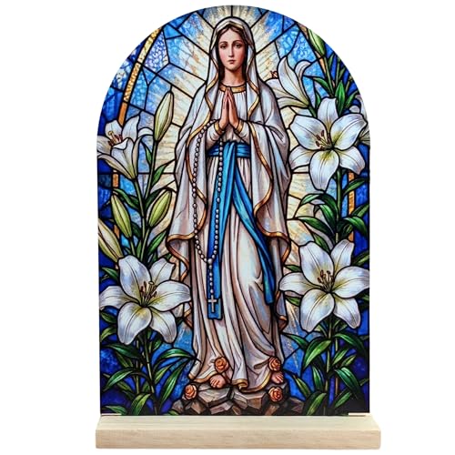 ARTINRENAISS Virgen De Lourdes Stand Catholic Icons – 8 Inches Blessed Virgin Mary Acrylic Tabletop Plaque for Home Altar & Desk, Our Lady Of Lourdes Arched Sign Religious Gifts for Women & Men