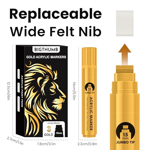 Bigthumb AM001J15-WG3 3 Pcs Gold Jumbo Permanent Markers: 15Mm Wide Tip Thick Acrylic Paint Pen Large Graffiti Calligraphy Marker thumb #4