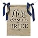 Ling's moment Rustic Theme Wedding Burlap Sign Banner "Here Comes the Bride" With Navy Blue Ribbon, 15 x 20 Inches