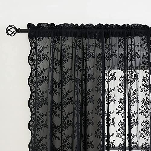 YJ YANJUN Black Voile Curtains 54 drop Gothic Net Curtains for Window Lace Window Drapes for Bedroom Kitchen Halloween Decor 2 Panels 52 W x 54 L Inch(132cm x 137cm) - Image 2