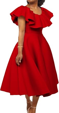 Womens Elegant Casual Ruffle Midi Dress Solid Color High Waist Flowy Ruffle Long Dresses Cocktail Wedding Guest