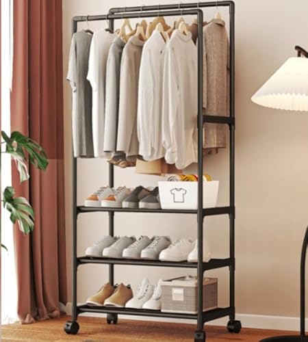 Sapateira 10 Pares, Arara Dupla Rodas Cabideiros, Prateleira Closet (PRETA)