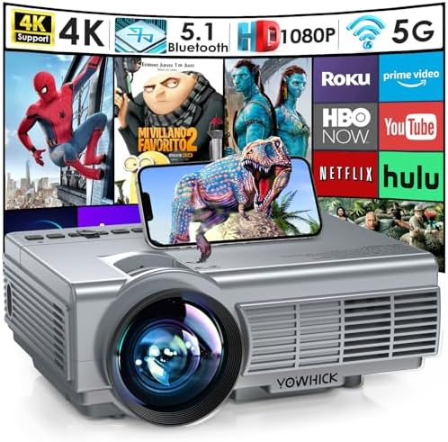 Projector with WiFi and Bluetooth, YOWHICK Outdoor 9500L Native 1080P 5G WiFi 4K Support Portable Mini Movie Projector for HDMI, VGA, USB, Laptop, iOS & Android Phone