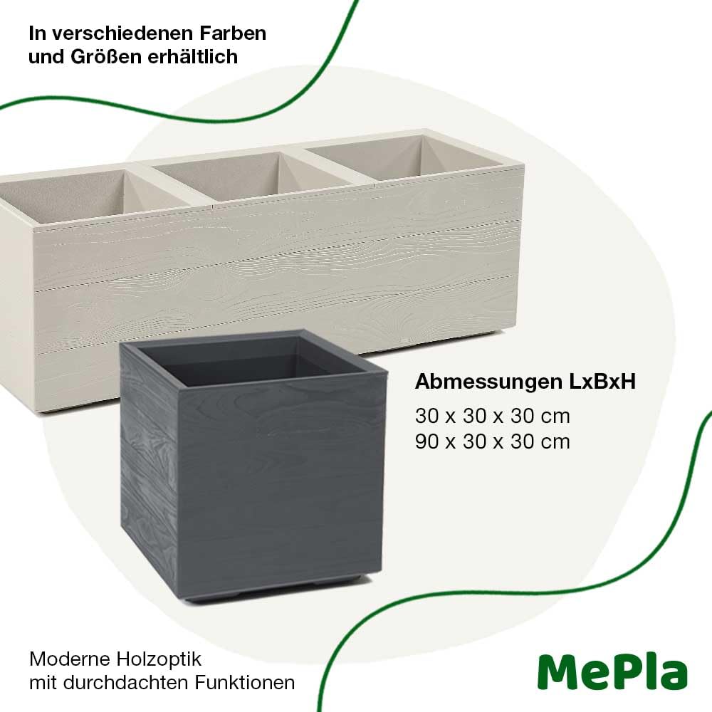 MePla - Kübel KARO-30 - Holzoptik - Doppelwandig mit Rollen – Made in EU – Bruchsicher, UV-beständig & wetterfest