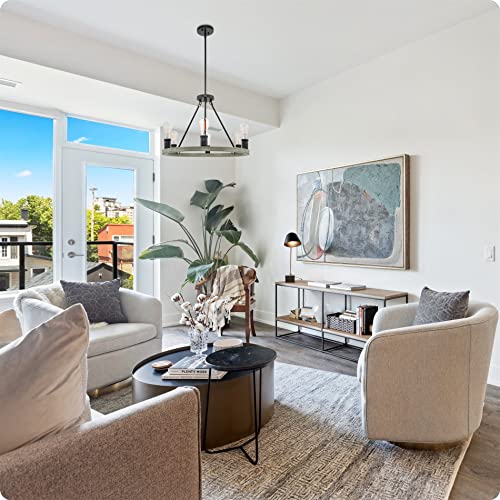 Kira Home Jericho 25" 6-Light Large Industrial Rustic Farmhouse Wagon Wheel Chandelier, Round Kitchen Island Light, Textured Black Accents + Gray Oak Wood Style Finish #TOP2