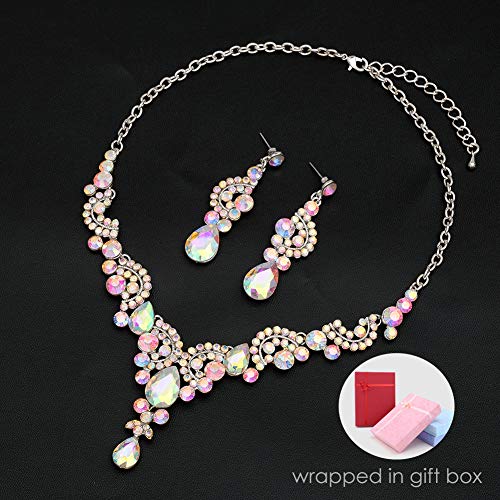 CSY Elegant Iridescent Crystal Necklace Earrings Bracelet Ring Bridal Wedding Costume Jewelry Sets for Brides Women Gifts (Iridescent AB Crystal - Silver tone) - Image 4