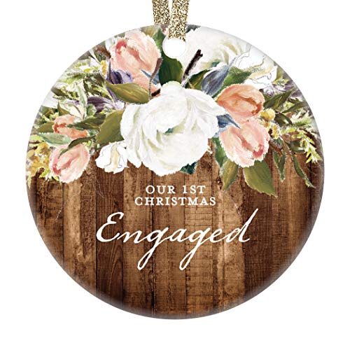 DIGIBUDDHA Rustic Engagement Christmas Ornament First Christmas Engaged Gift for Couple Getting Married Modern Farmhouse Floral Present 3