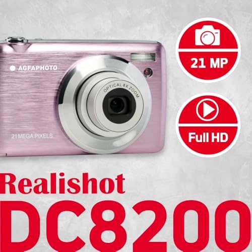AgfaPhoto Realishot DC8200 – Dijital kamera, kompakt, 18 MP, Full HD, LCD ekran, 2,7 inç, optik zoom 8 x, lityum pil ve SD kart 16 GB, pembe) - Görsel 2