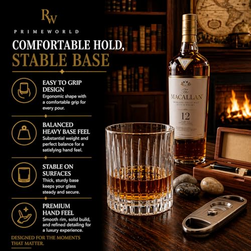 Image of PrimeWorld Newyork Eropean Crystal Whiskey Glasses Set of 6 pcs- 300 ml Bar Glass for Drinking Bourbon, Whisky, Scotch, Cocktails, Cognac- Old Fashioned Cocktail Tumblers