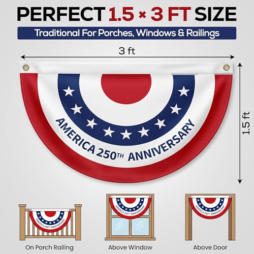 America 250th Birthday Half Circle Bunting 2 Pack (1.5x3 Ft) – 1776 2026 USA Map Patriotic Betsy Ross Bunting Flags For Memorial Day, Independence Day, 4th of July, Outdoor Indoor Decorations