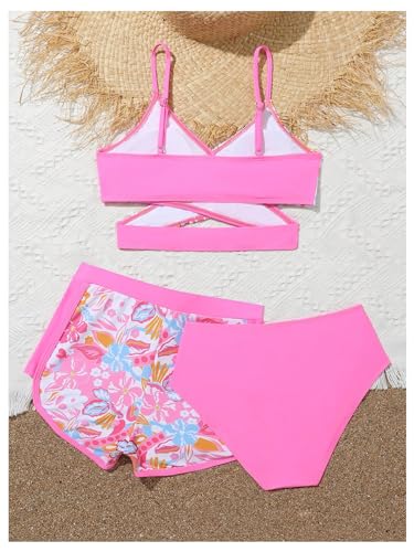 Image of SweatyRocks Girl's Floral Print Criss Cross Bikini Sets 3 Piece Bathing Suit Swimsuit with Beach Shorts