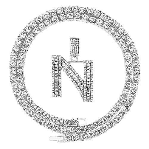 FW Jewelry HH BLING Silver Iced Out Baguette Initial Letter Necklaces for Men Women, Big Cz Diamond Capital Letter Pendant N with Tennis Chains (Silver N & Tennis)