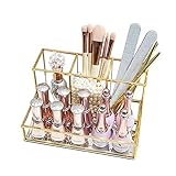 N-brand Glass Makeup Brush Holder, Vintage Cosmetic Brushes Organizer with Mirror Tray, Nordic Style Elegant Nail Polish Lipsticks Eyeliners Holder for Vanity Bathroom Bedroom Office, Gold