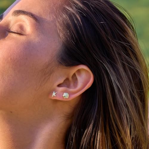 Stud Earrings for Women: Danty Tiny Starfish Turtle Shell Seahorse Octopus Nautilus Cicada Stud Ear Stack Earrings Set 14k Gold/White Gold Plated3