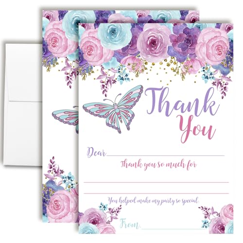 Amanda Creation Butterfly Thank You Cards, 10 Pack 4x5.5 Floral Birthday Thank You Cards with Butterflies, Fill-In Notes with White Envelopes
