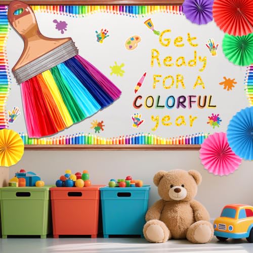 Image of Welcome Back to School Bulletin Board Decorations, Art Classroom Door Decor Set Crayon Border 3D Rainbow Brush Fans First Day of School Painting Paper Cutouts for Bulletin Board Wall Party Supplies