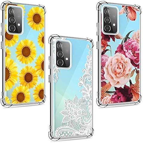chenlingy (3 Pack) for Samsung Galaxy A52 Case for Girls Women Shock-Absorption Anti-Scratch Crystal Clear Soft TPU Slim Bumper Protective Phone Case Cover for Samsung Galaxy A52 4G/5G, Flower Cover