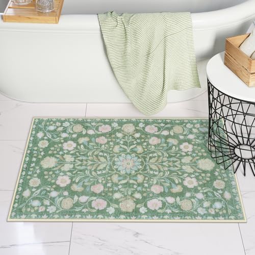 Uphome Boho Bathroom Rugs Green Vintage Bath Rugs Farmhouse Soft Shaggy Non Slip Bath Mat Machine Washable Distressed Floral Bath Mats for Bathroom Toilet Shower Sink, 20x32 inch