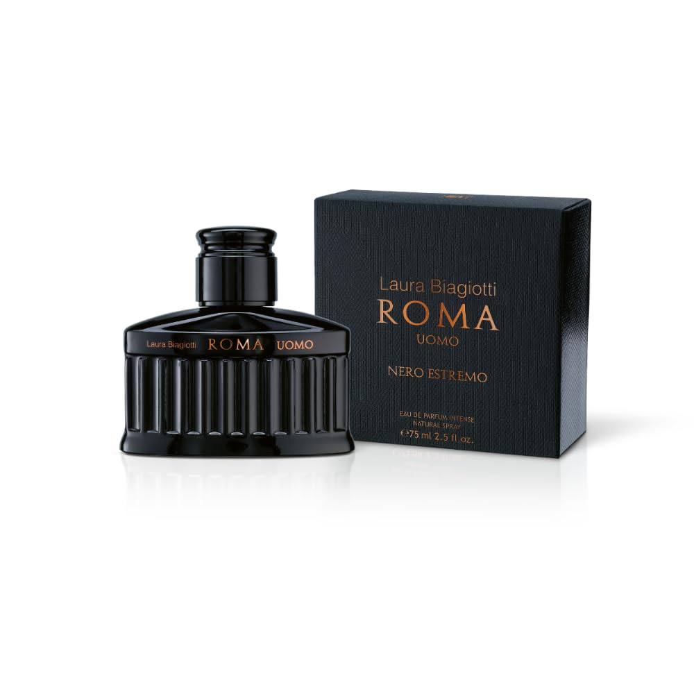 Laura Biagiotti Roma Uomo Nero Estremo 75 ml, Eau de Parfum Intense | Fragranza Fougère Ambrata Legnosa, Note Intense e Profonde, Flacone di Colore Nero Ispirato al Pantheon Romano