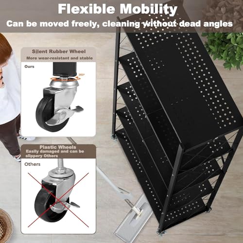 رف تخزين سميك قابل للطي من 5 طبقات مع عجلات من بينتيفار، بدون تجميع، ارفف ذات سعة كبيرة، عربة دوارة شديدة التحمل للمراب والمطبخ والقبو والمخزن (اسود، 5 طبقات)