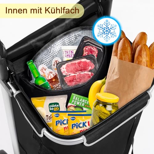 AMHANCIBLE Einkaufstrolley, Einkaufswagen mit Kühlfach, 50 Liter, 3in1klappbar Trolley, Einkaufstasche mit Rollen, Handwagen, Tasche abnehmbar, Schwarz EHSC01BK – Bild 5