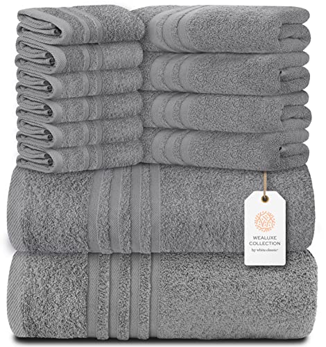White Classic 12 Piece Bath Towel Set for Bathroom - Wealuxe Collection 2 Bath Towels, 4 Hand Towels, 6 Washcloths 100% Cotton Soft and Plush Highly Absorbent, Soft Towel for Hotel & Spa - Light Gray