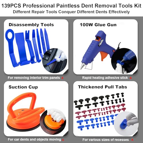 Image of 139PCS Dent Puller Kit - Paintless Dent Removal PDR Kit with 2-in-1 Slide Hammer, Bridge Puller & 100W Glue Gun, 62 Tabs Car Dent Repair Tool Set for Hail Damage & Door Dings