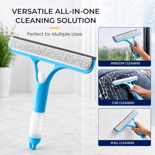 Image of Solitude 3-in-1 Window Cleaning Scraper | Spray Squeegee with Built-in Spray Bottle | Replaceable Sponge | Glass Cleaner Wiper for Home, Car, Bathroom & Mirrors (Multicolor)