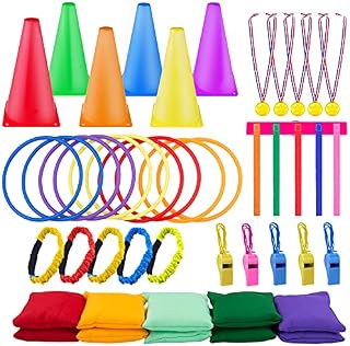 Icnow 43 Pcs 6 in 1 Ring Toss Game, Carnival Combo Set Bean Bags Throwing Games,Kids Play Equipment Set Outdoor Garden Party Activity Family Games Sports Day Games Supplies