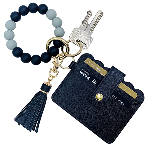 TSNSOEEO Wristlet Keychain Bracelet Wallet, Key Ring Silicone Bead Bangle, Tassel Card Pocket Key Chains for Woman, 01-Black, 3.94"