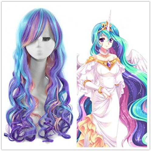 Women Costume Long Curly Rainbow Blonde Lolita Unicorn Cosplay Hair Party Wig