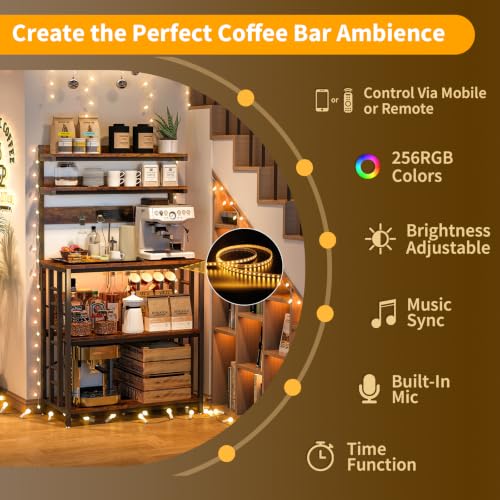 Image of Baker's Rack with Power Outlet, 5-Tier Adjustable Shelf with Storage, Brown | LED Lights,Kitchen Coffee Bar Storage,Microwave Stand with Storage,Spice Organizer for Kitchen, Dining Room and Office