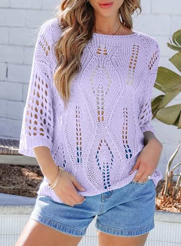 Image of EVALESS Womens Crochet Hollow Out Knit Tops Half Sleeve Spring Summer Sweaters Beach Cover Ups for Women Trendy 2026