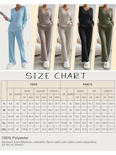 CheChury Zweiteiler Damen Lounge Set V-Ausschnitt Einfarbig Loungewear Gerippt Shirt Top Langärm mit Hose 2-Teiliges Hausanzug Jogginganzug Loungewear Nachtwäsche Hauskleidung Freizeit Outfit