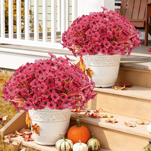 Image of Powbrace 22 Pack Artificial Fall Flowers Mums for Outdoor Indoor(Dark Red)