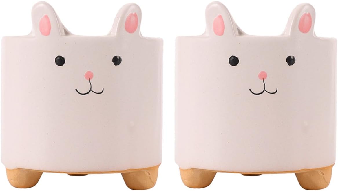 Hand-Painted Ceramic Flowerpot Set 2pcs with Rabbit Design, Decorative Desktop Succulent Plant Pots, Chic Green Plant Containers for Indoor Gardening and Home Decor