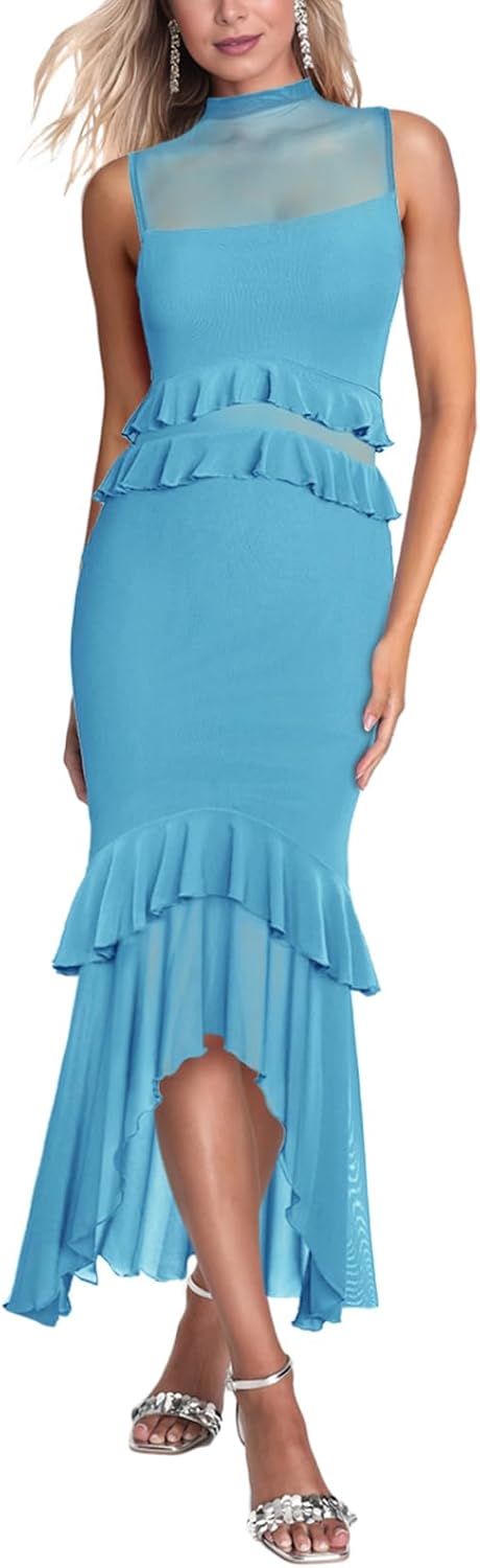 Aisbei Women's Elegant Bodycon Maxi Dress Mock Neck Sleeveless Mesh Ruffle Dress Party Cocktail Formal Wedding Guest Dresses - Image 4